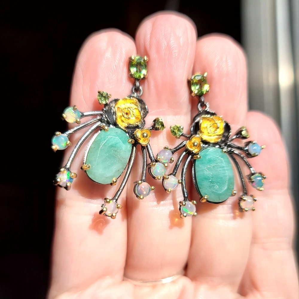 Large Emeral Opal & Peridot sterling & gold dramatic earrings
